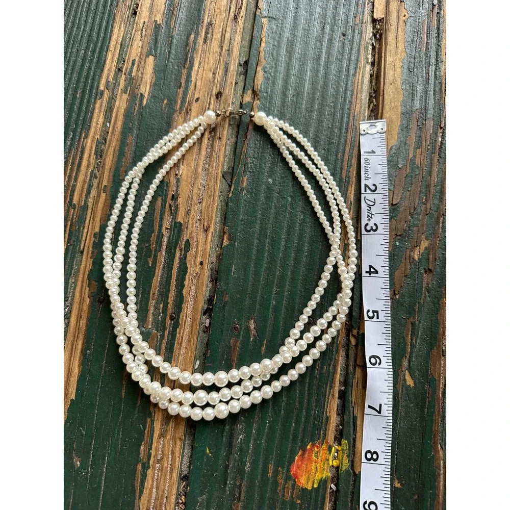 Vintage Style Triple Strand Faux Pearl Necklace Cream‎ Multi Layer Beaded 16in